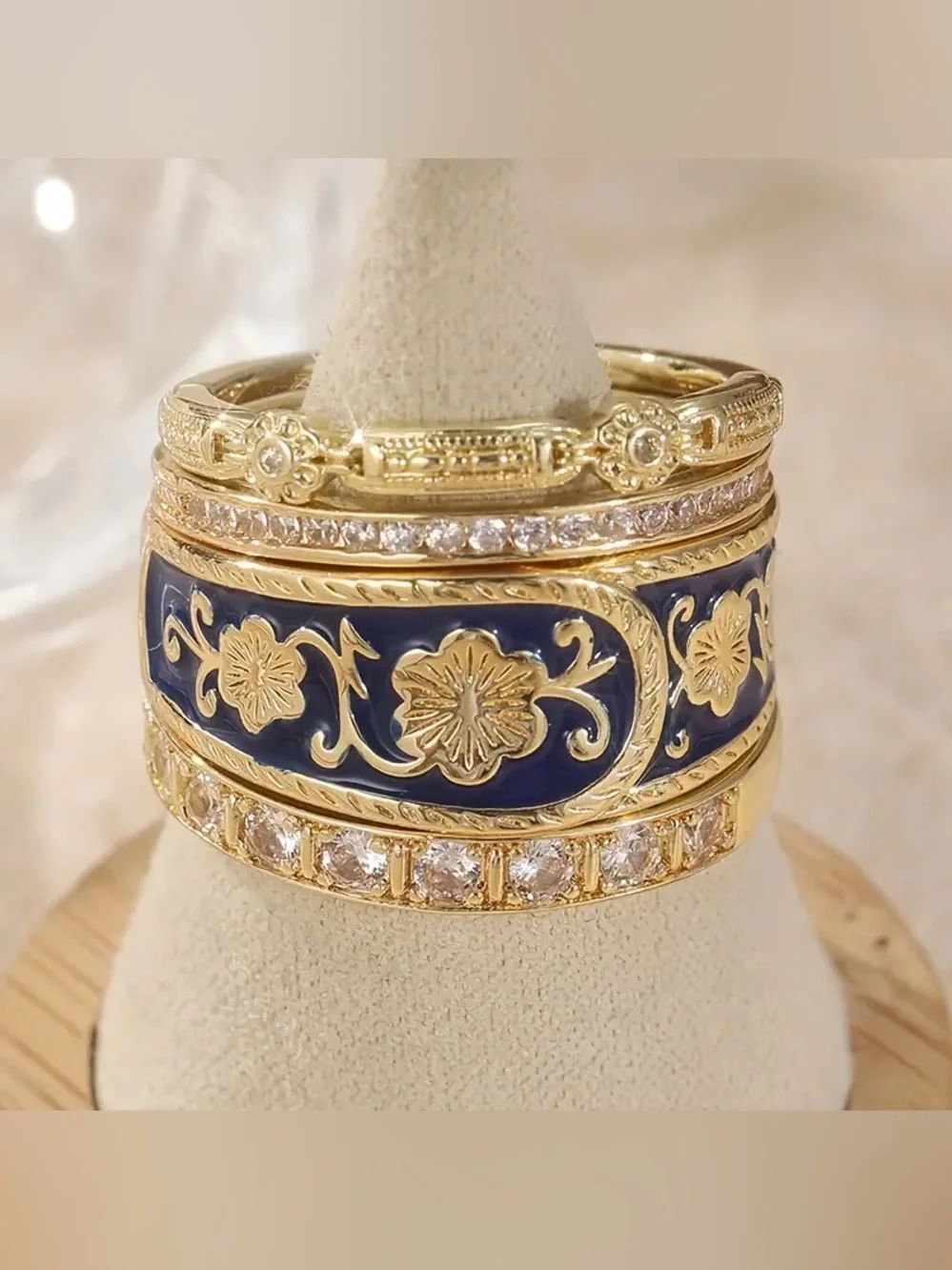 Navy Enamel Floral Statement Ring Q1236